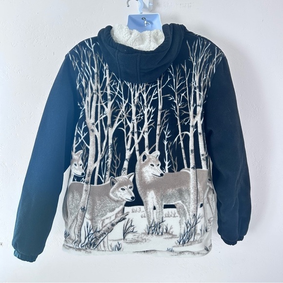 VICTORY RUGGED WEAR VTG 90s Sherpa Lined Fleece Wolf Nature AOP Jacket Men L EUC - Picture 7 of 13